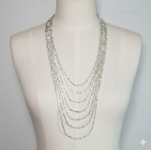 Rhinestone 24-34" Necklace Vintage Glass Statement Opera Length Layered Silver